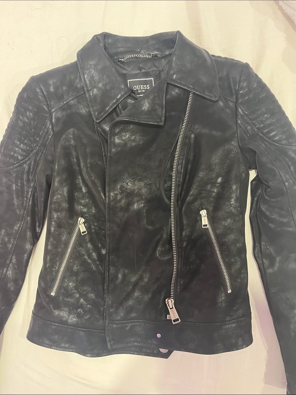 GUESS Black Quilted-Shoulder Faux Leather Moto Jacket